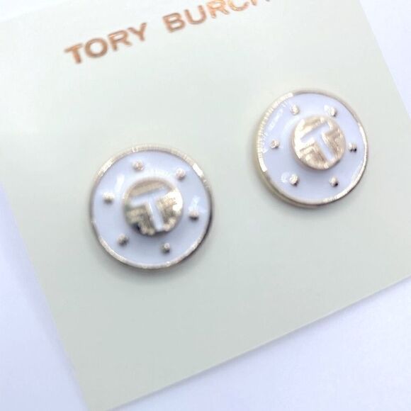 NWOT Tory Burch Gold, White Enamel Round Stud Earrings - Picture 2 of 4